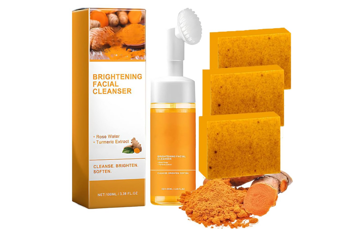 Turmeric Wash and Care two Piece Set - Turmeric Cleansing Mousse, Turmeric Facial Cleanser, Turmeric Face Wash, Turmeric Soap Facial Cleansing, for All Skin Types (a Turmeric Wash+ three soap)