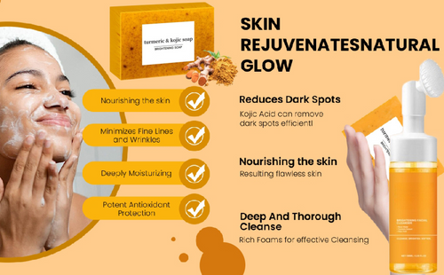 Turmeric Wash and Care two Piece Set - Turmeric Cleansing Mousse, Turmeric Facial Cleanser, Turmeric Face Wash, Turmeric Soap Facial Cleansing, for All Skin Types (a Turmeric Wash+ three soap)